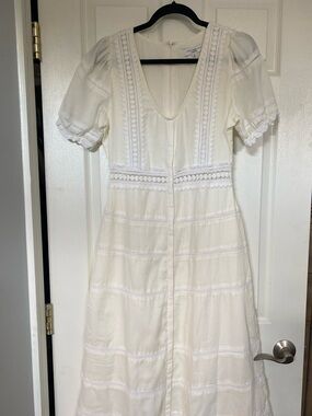 Sweet Baby Jamie White Eyelet Midi Dress with V-Neck